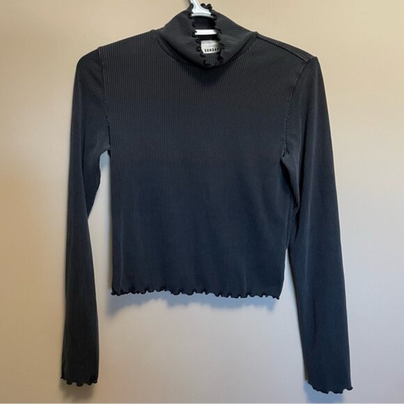 Aritzia Sunday Best Women's Medium Black Ribbed Turtleneck Long Sleeve Top Crop - Picture 1 of 8